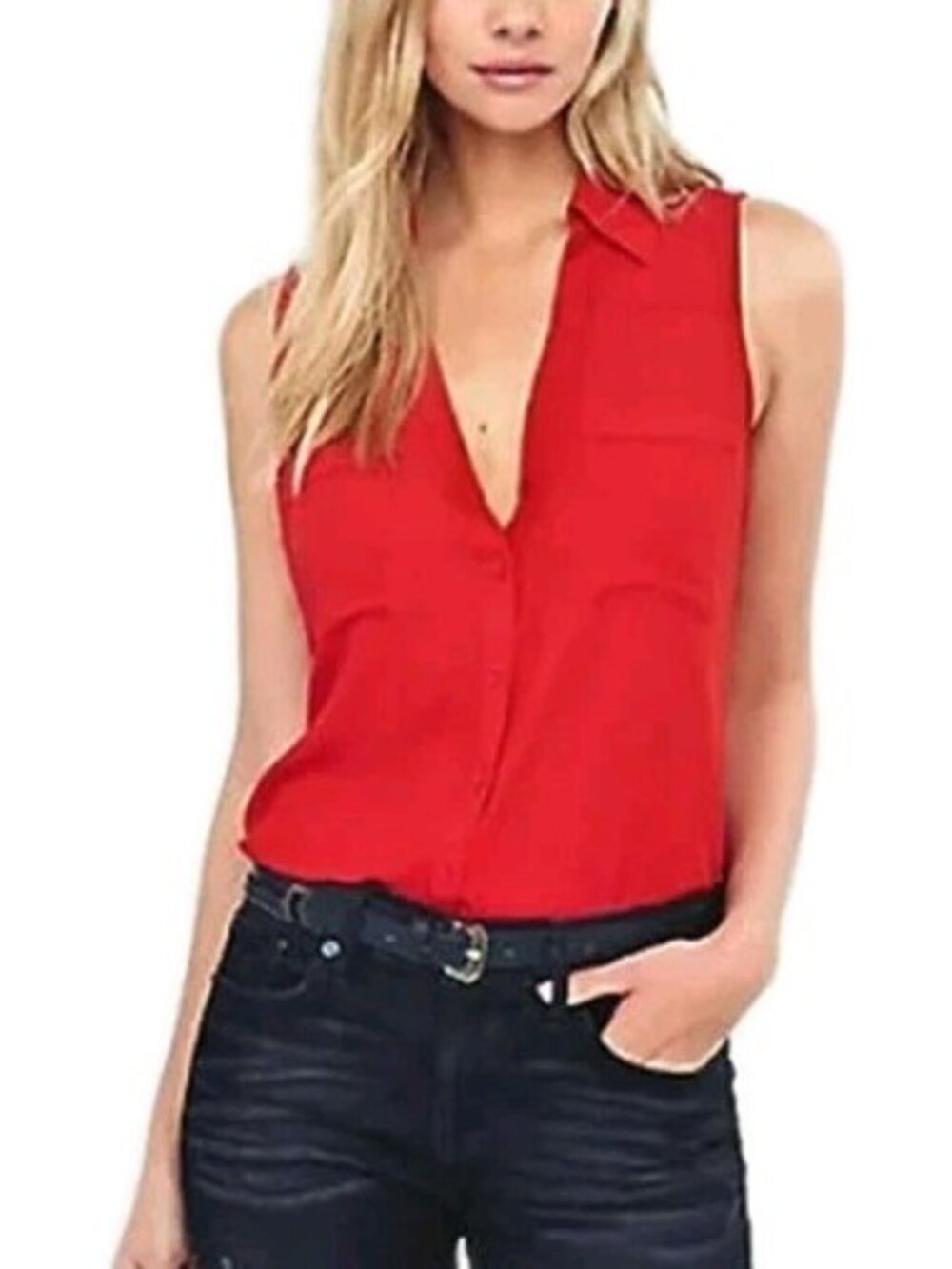 Women's Sleeveless Dress Blouse Double Pocket Button Front Hot Red XS